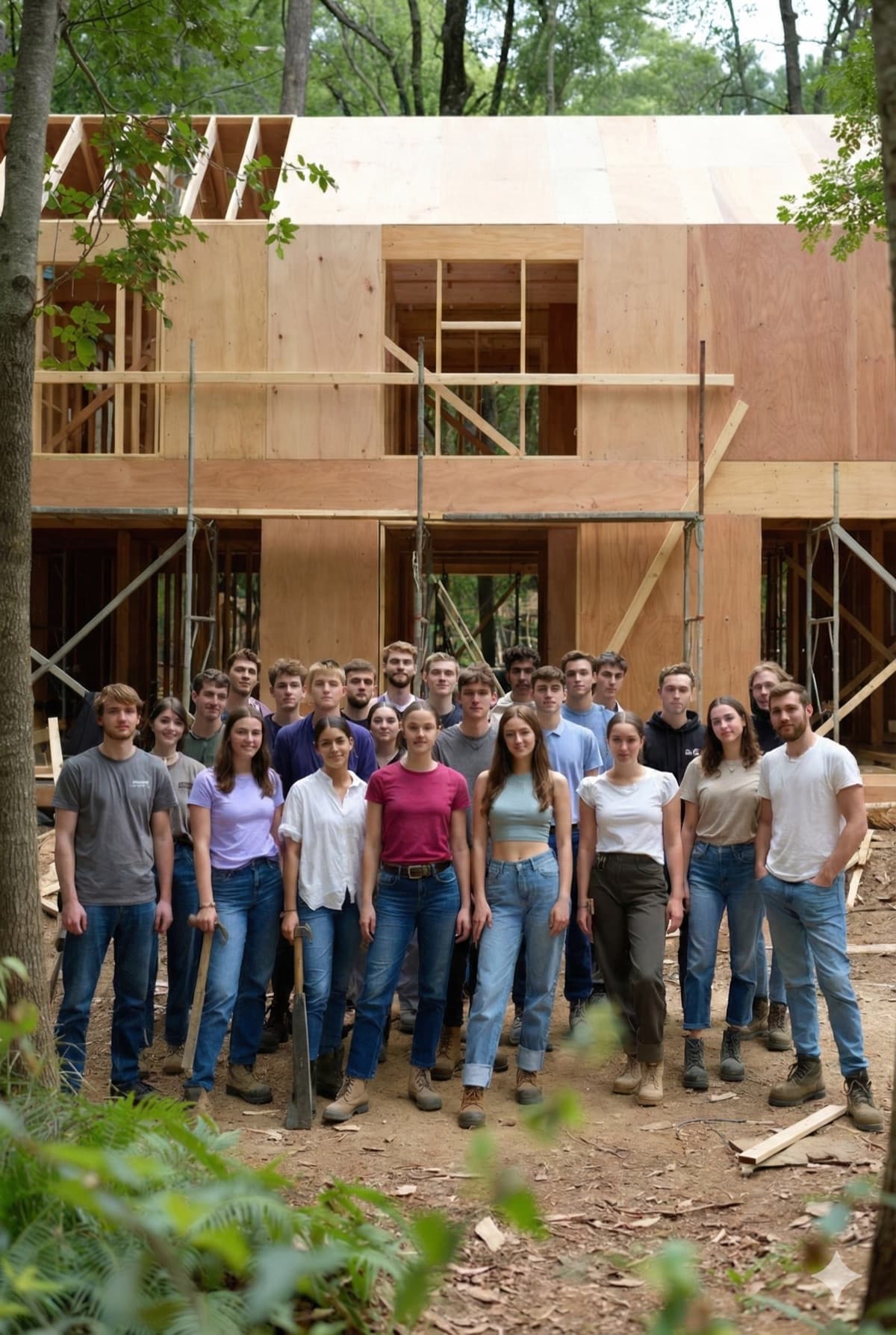 Les vingt pionniers du premier batch devant la structure d'habitation en construction